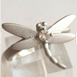 Vtg Silver Dragonfly Cocktail Ring CubicZirconia Plated Size 5 6 7 8 9 10 Insect